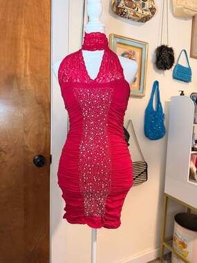 💕 Y2K Hot Pink Rhinestone Ruched Halter Mini Dress | Viva Rossa by Liliana